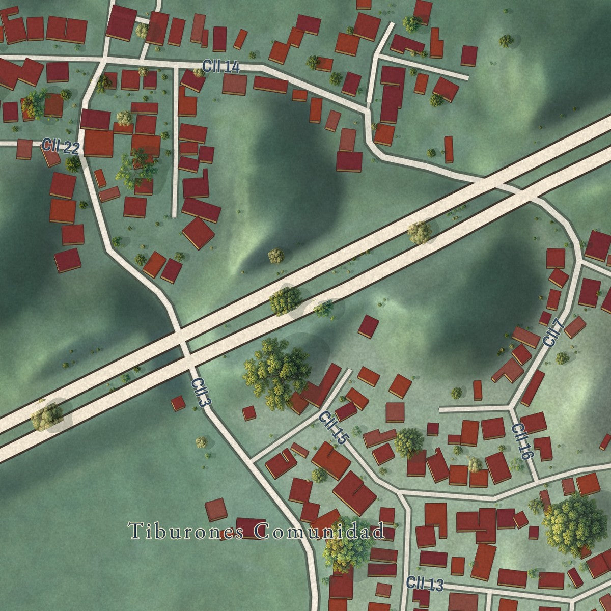 Close-up of the map of Tiburones, Puerto Rico print showing street and building detail