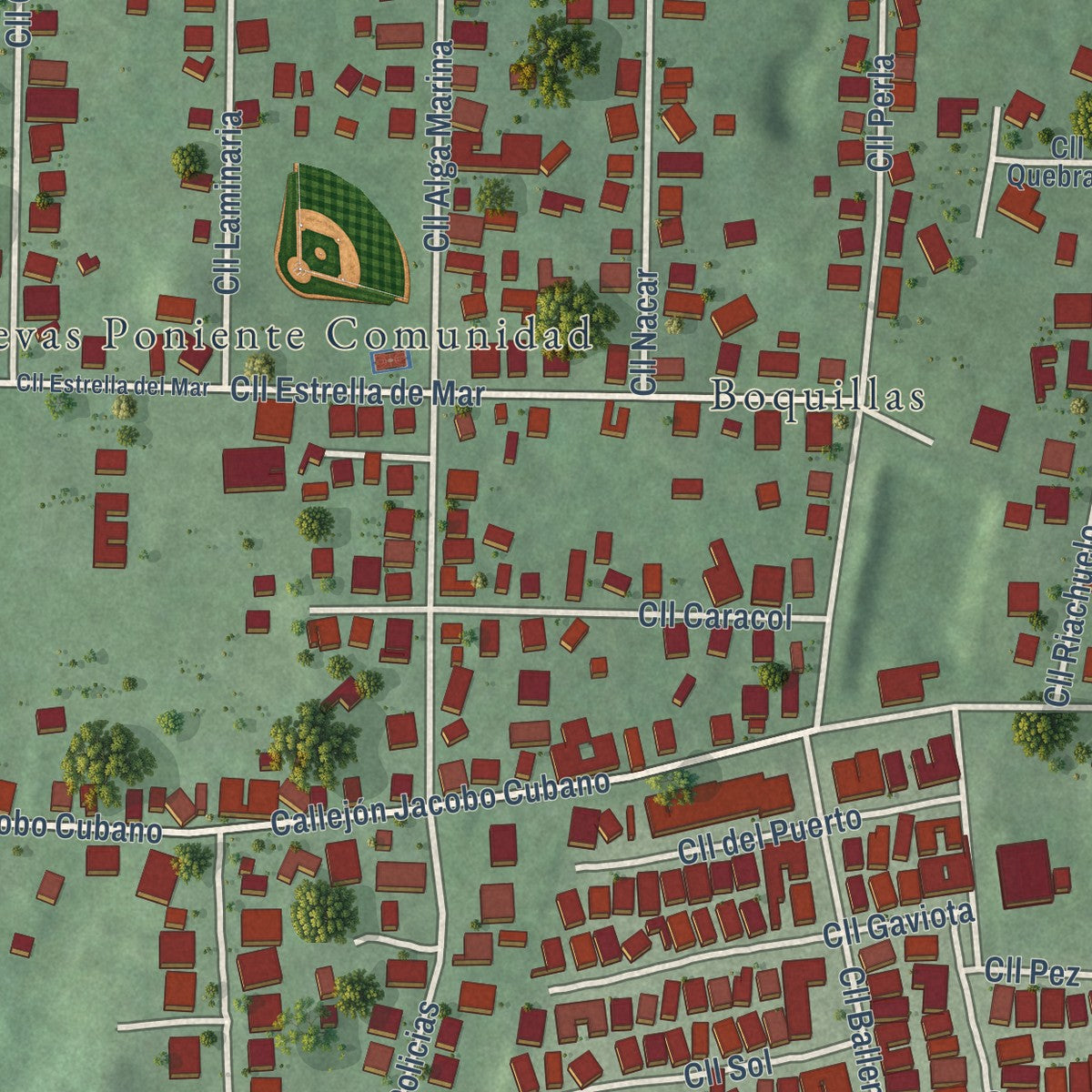 Close-up of the map of Tierras Nuevas Poniente, Puerto Rico print showing street and building detail