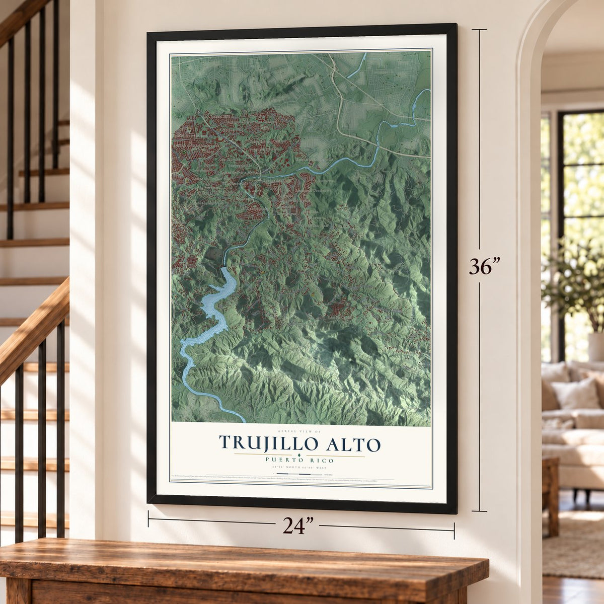 Trujillo Alto, Puerto Rico map, 24 x 36 inch print in a black frame by a staircase