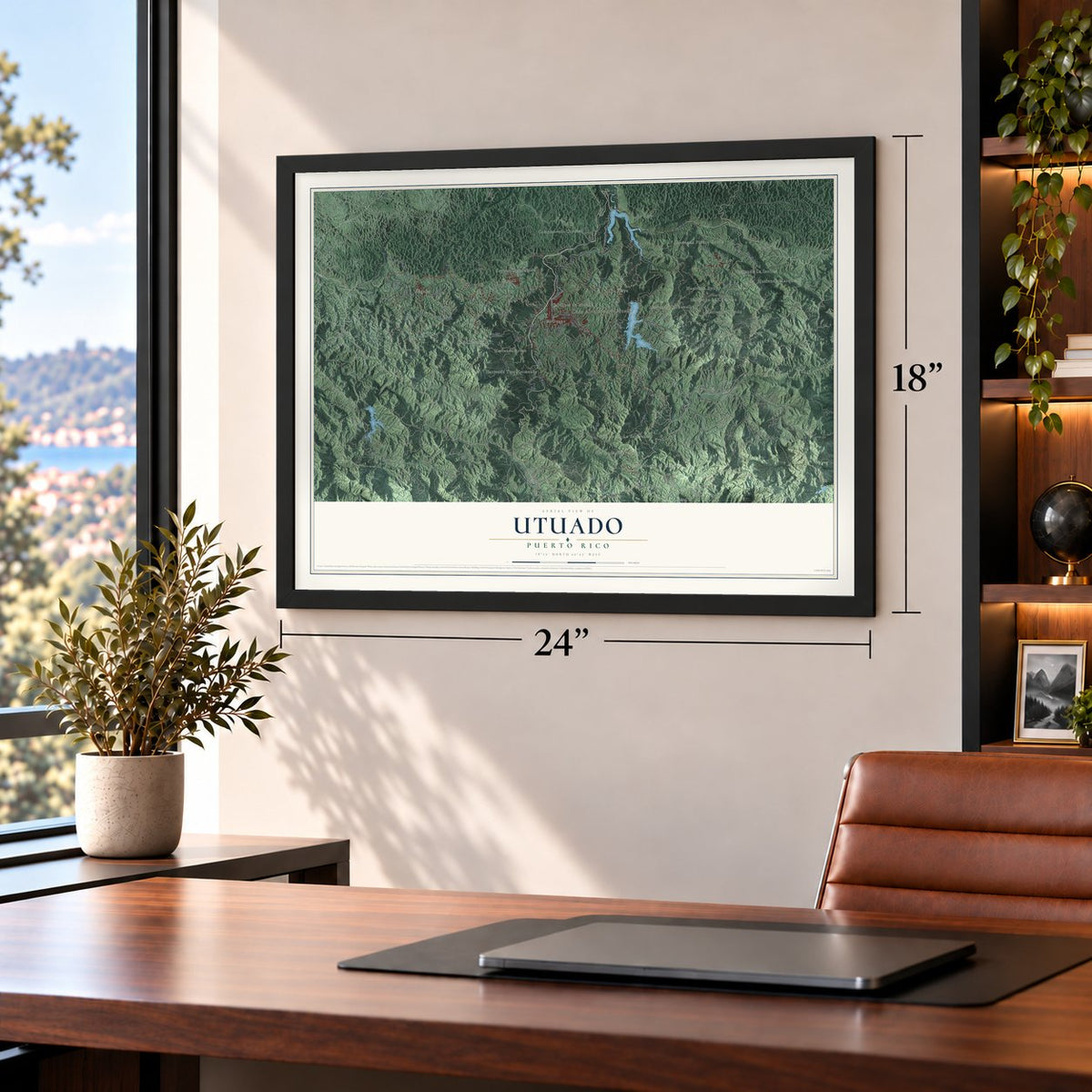 Utuado, Puerto Rico map, 18 x 24 inch print in a black frame in a home office