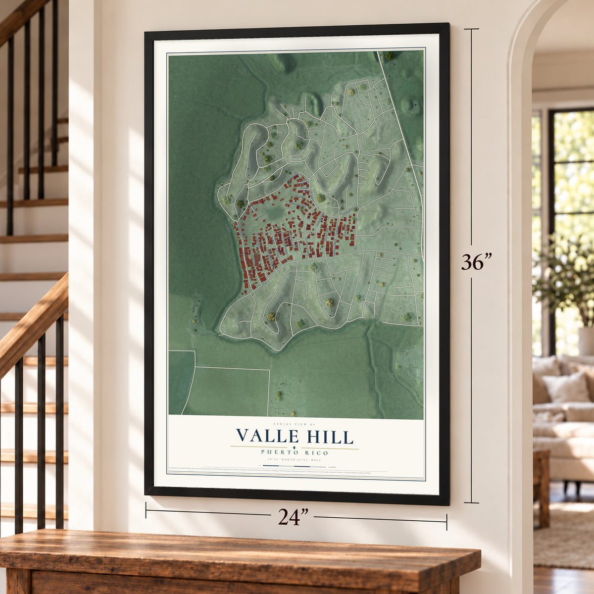 Valle Hill, Puerto Rico map, 24 x 36 inch print in a black frame by a staircase