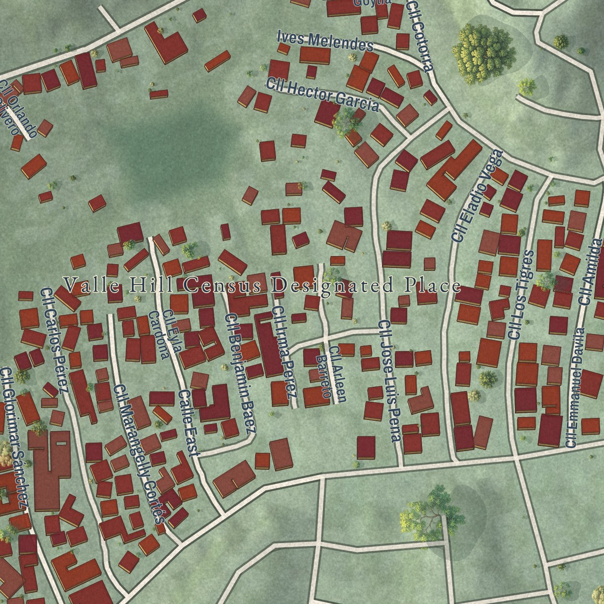 Close-up of the map of Valle Hill, Puerto Rico print showing street and building detail