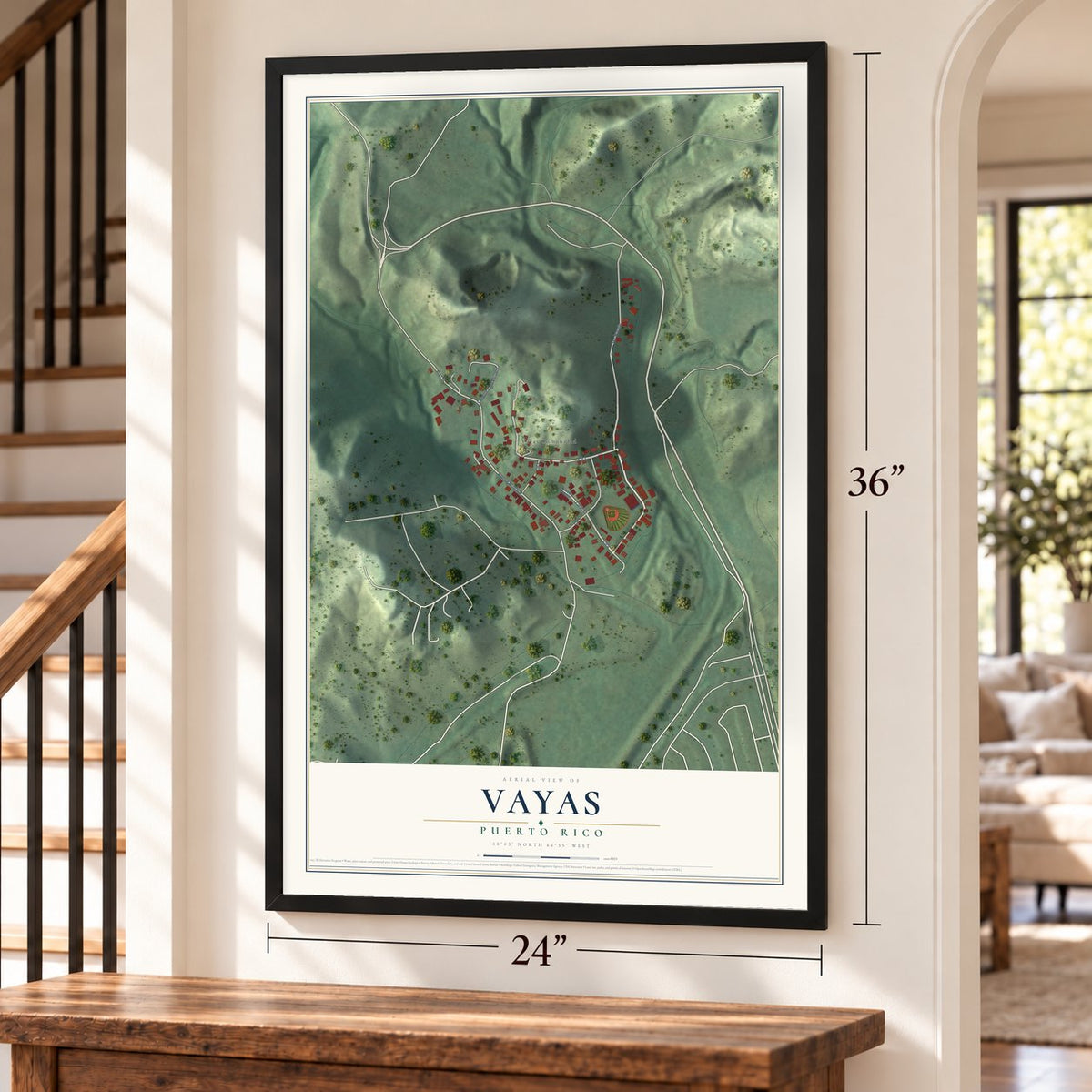 Vayas, Puerto Rico map, 24 x 36 inch print in a black frame by a staircase