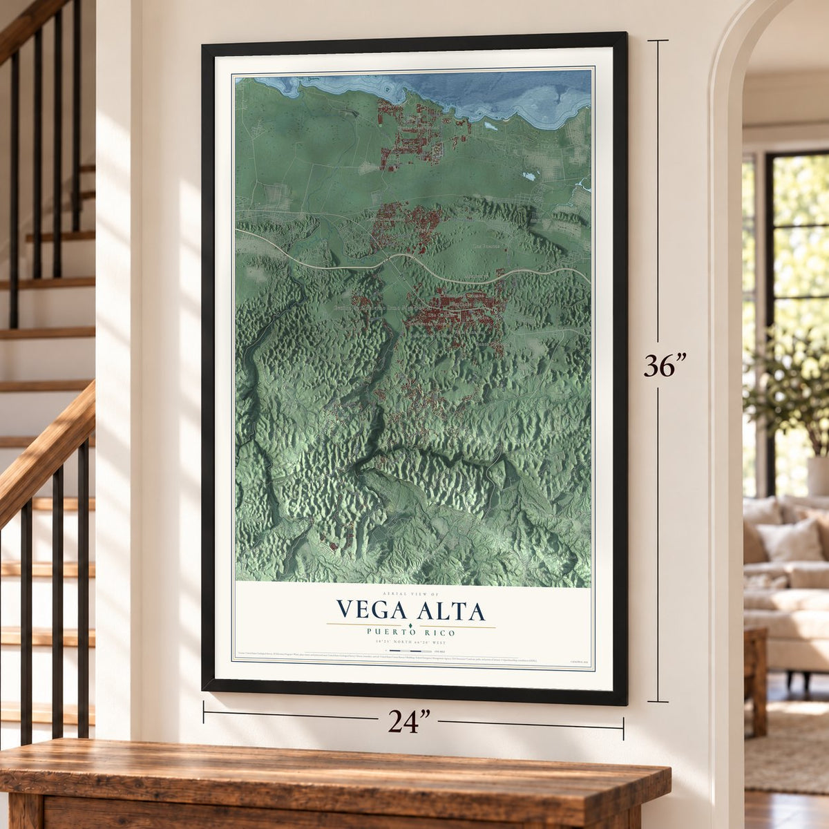 Vega Alta, Puerto Rico map, 24 x 36 inch print in a black frame by a staircase