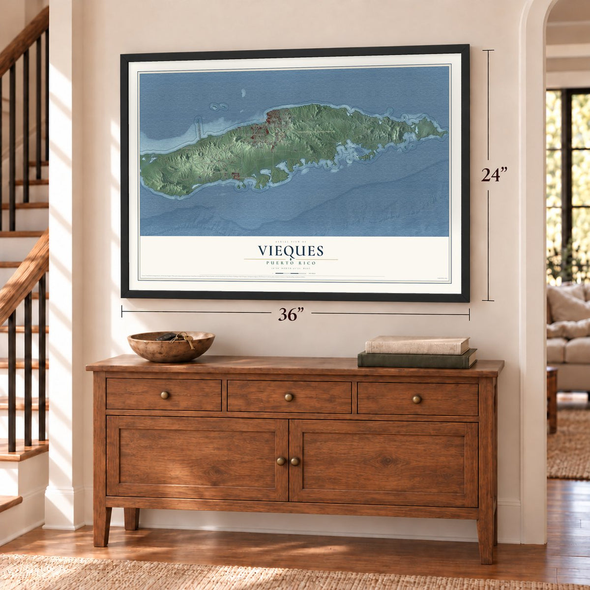 Vieques, Puerto Rico map, 24 x 36 inch print in a black frame above a dresser by a staircase