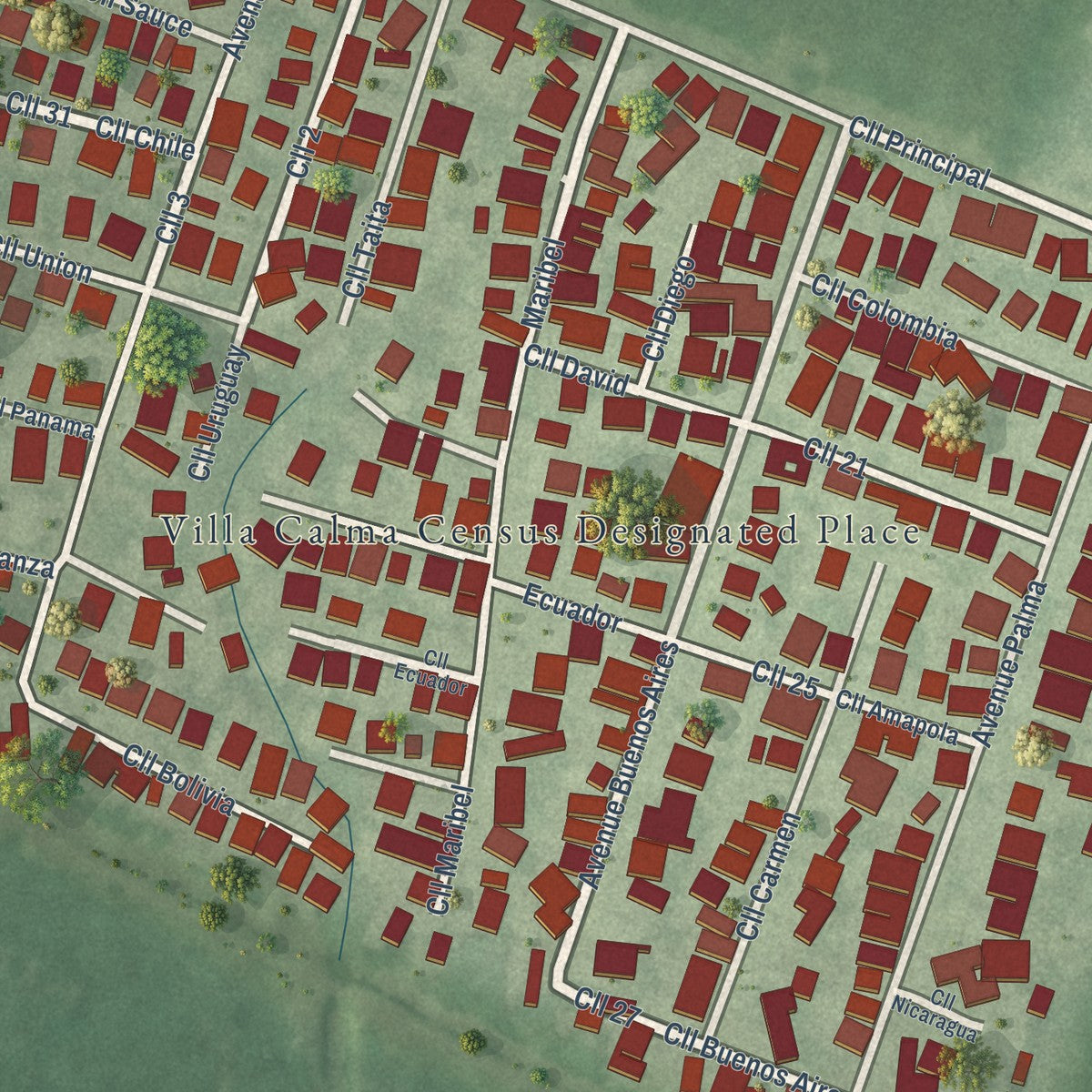 Close-up of the map of Villa Calma, Puerto Rico print showing street and building detail