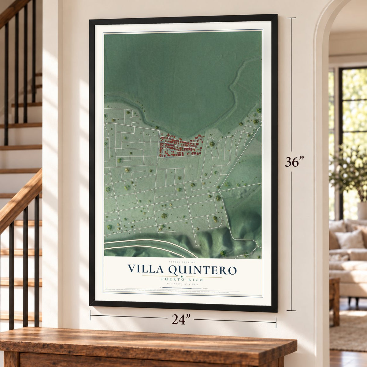 Villa Quintero, Puerto Rico map, 24 x 36 inch print in a black frame by a staircase