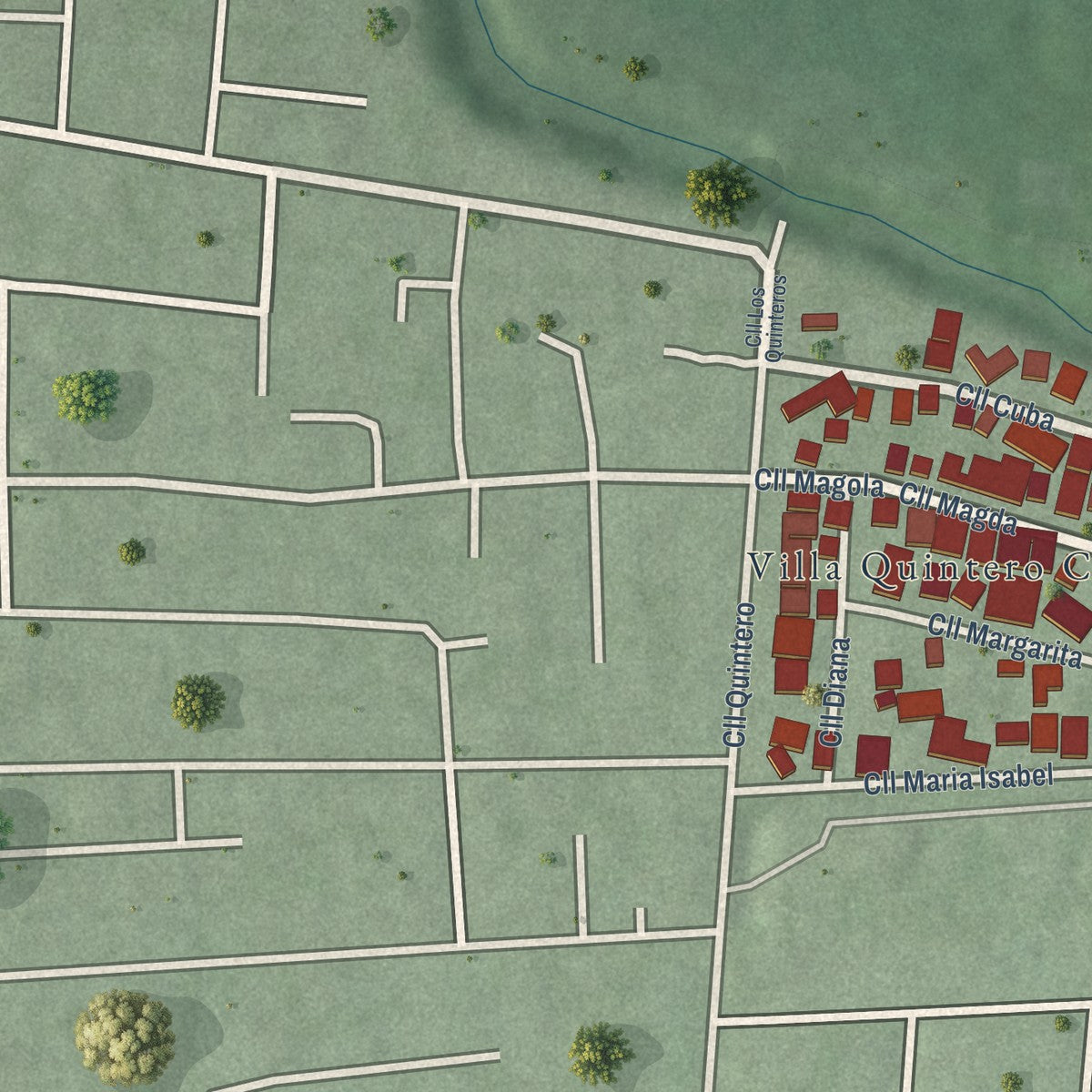 Close-up of the map of Villa Quintero, Puerto Rico print showing street and building detail