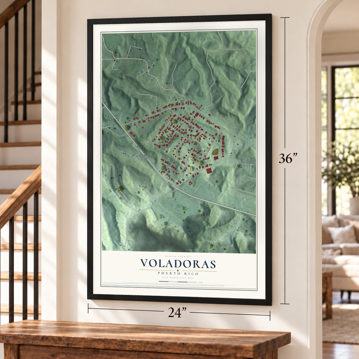 Voladoras, Puerto Rico map, 24 x 36 inch print in a black frame by a staircase
