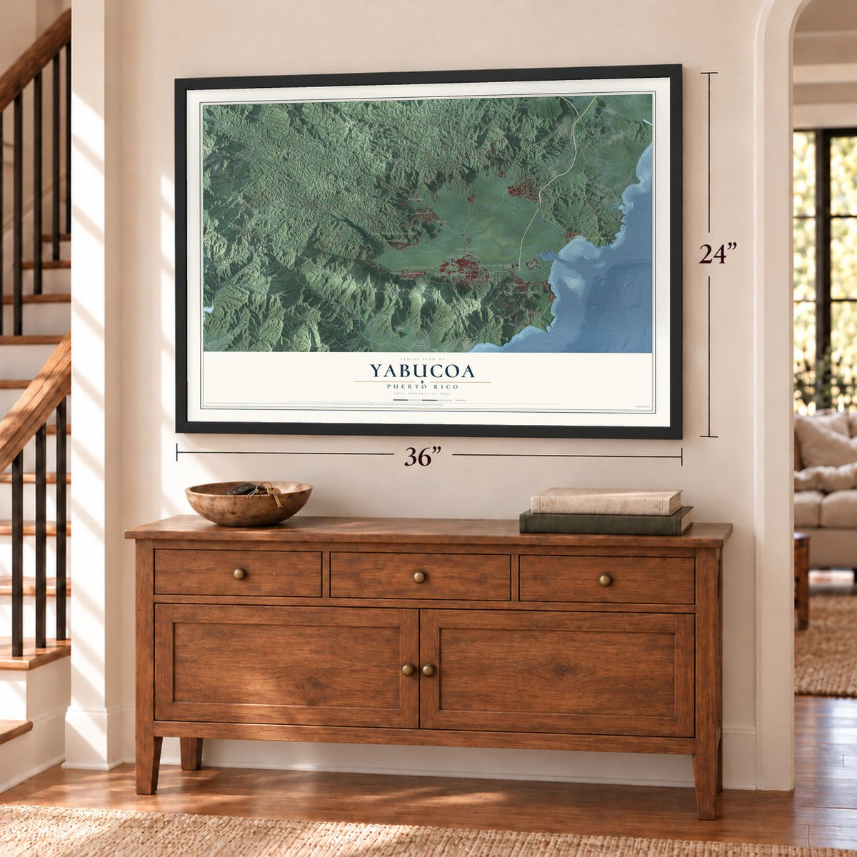 Yabucoa, Puerto Rico map, 24 x 36 inch print in a black frame above a dresser by a staircase