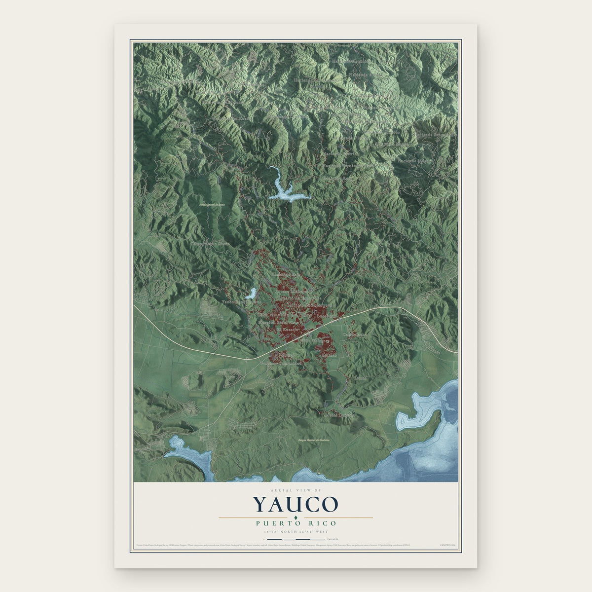 Yauco, Puerto Rico map print, the full design