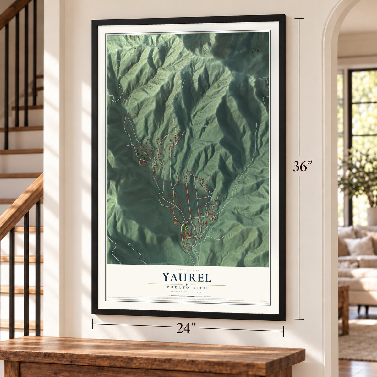 Yaurel, Puerto Rico map, 24 x 36 inch print in a black frame by a staircase