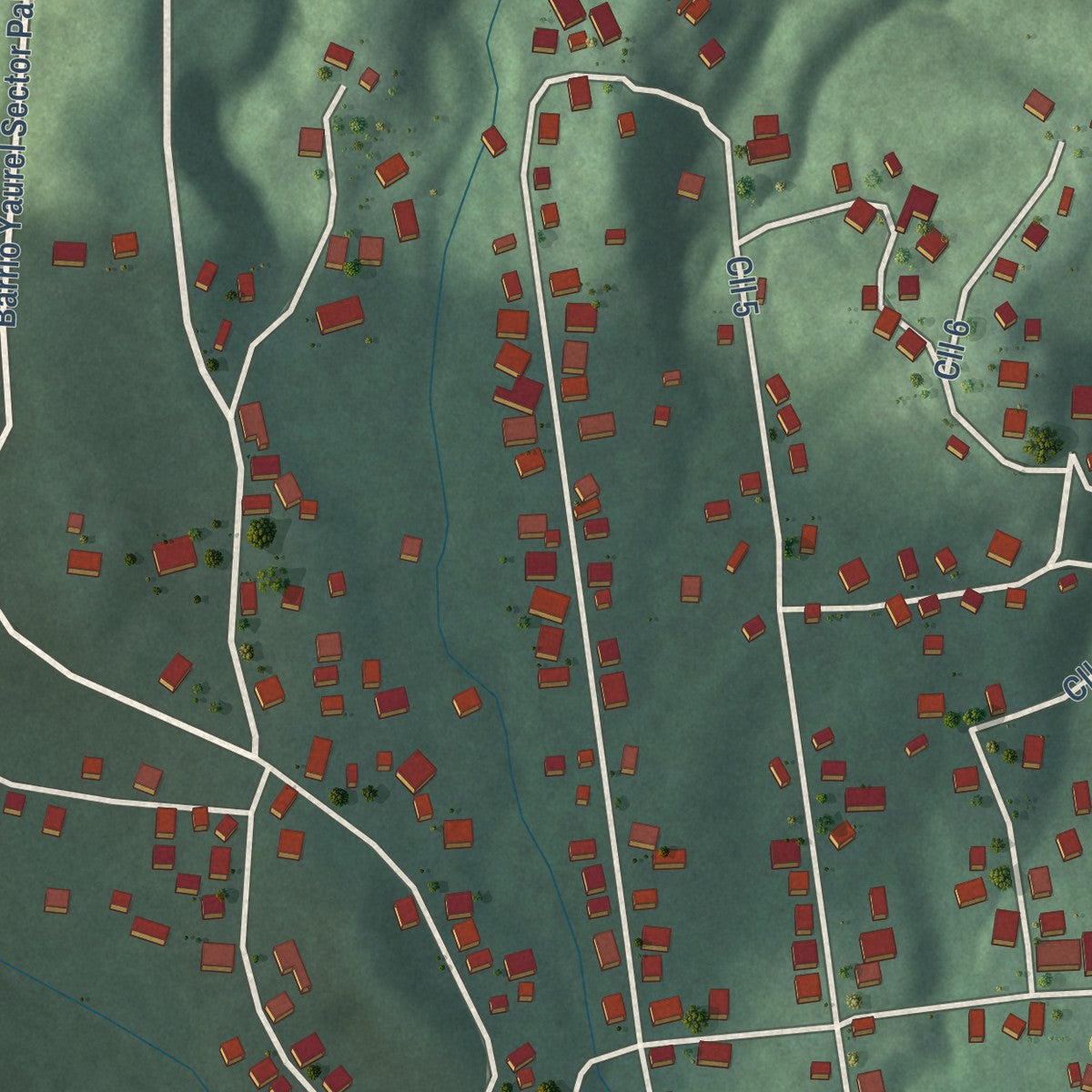 Close-up of the map of Yaurel, Puerto Rico print showing street and building detail