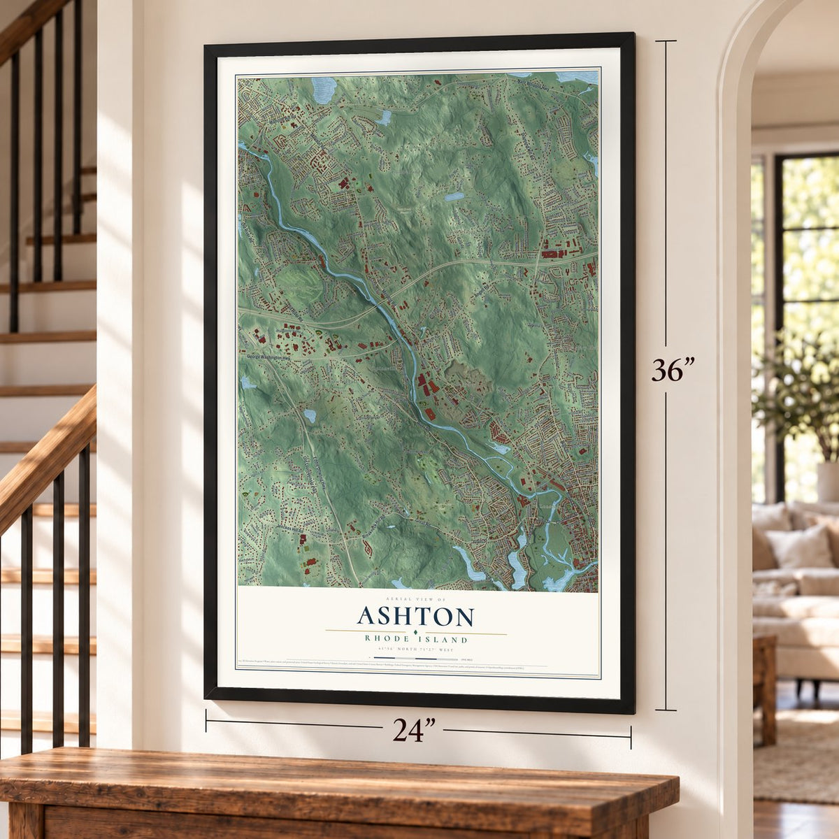 Ashton, Rhode Island map, 24 x 36 inch print in a black frame by a staircase