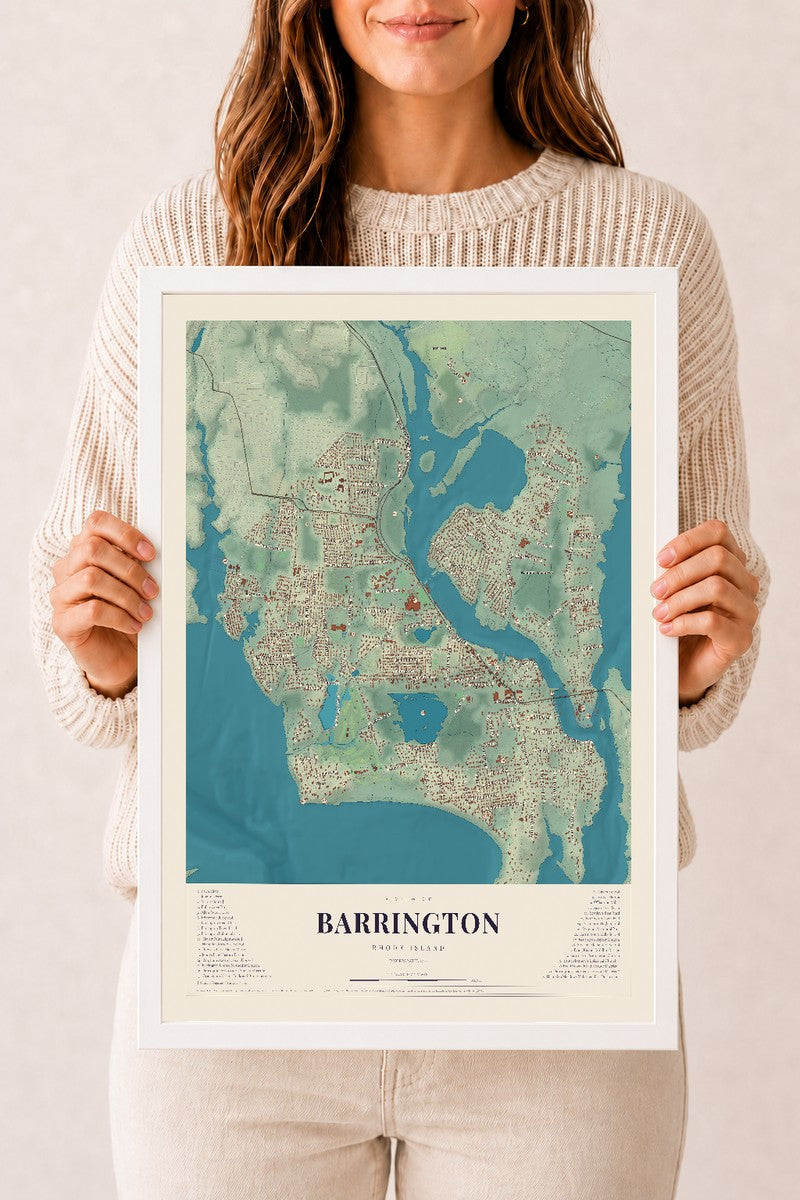 Map of Barrington, Rhode Island, 12 x 18 inch print in a white wood frame