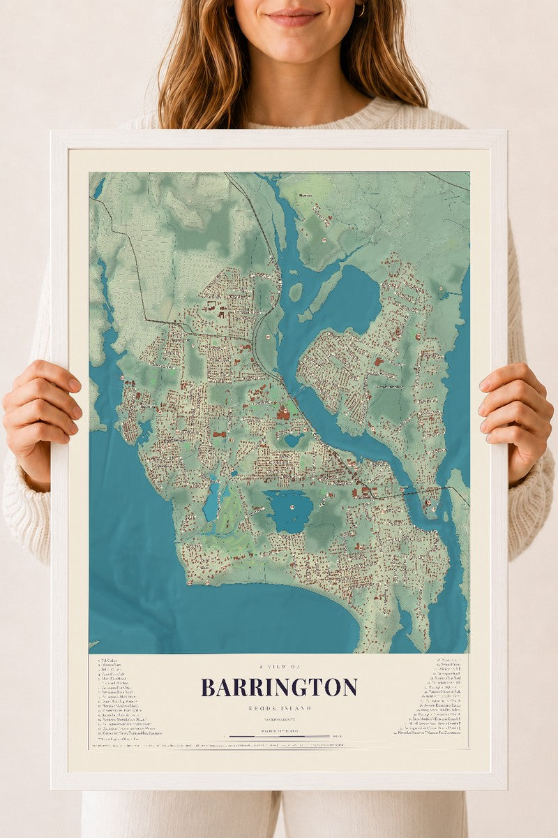 Map of Barrington, Rhode Island, 18 x 24 inch print in a white wood frame