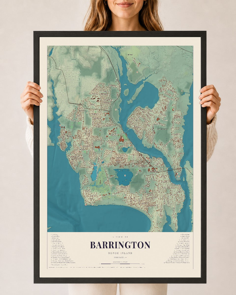 Map of Barrington, Rhode Island, 24 x 36 inch print in a black wood frame