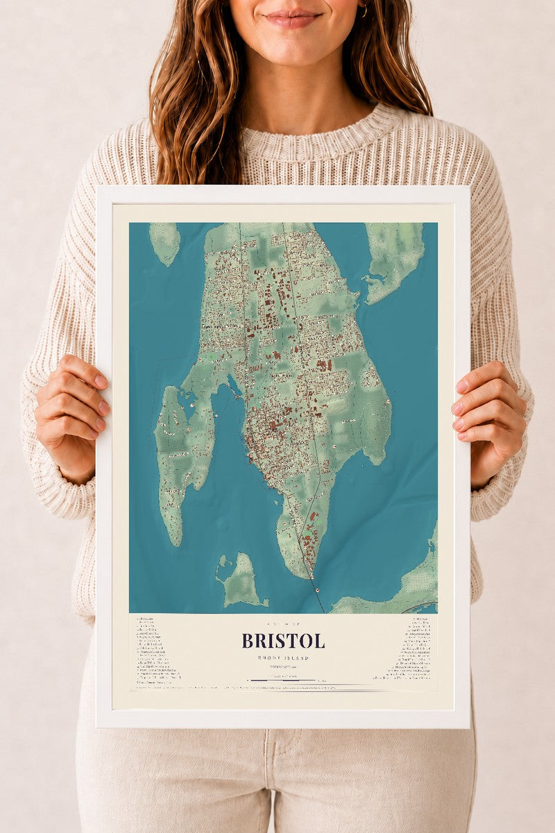 Bristol, Rhode Island map print, 12" x 18" W/ White Ayous Wood Frame mockup