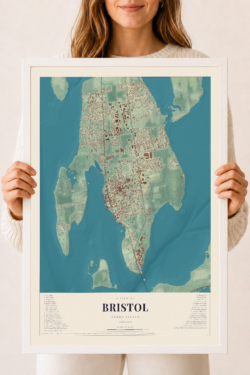 Bristol, Rhode Island map print, 18" x 24" W/ White Ayous Wood Frame mockup