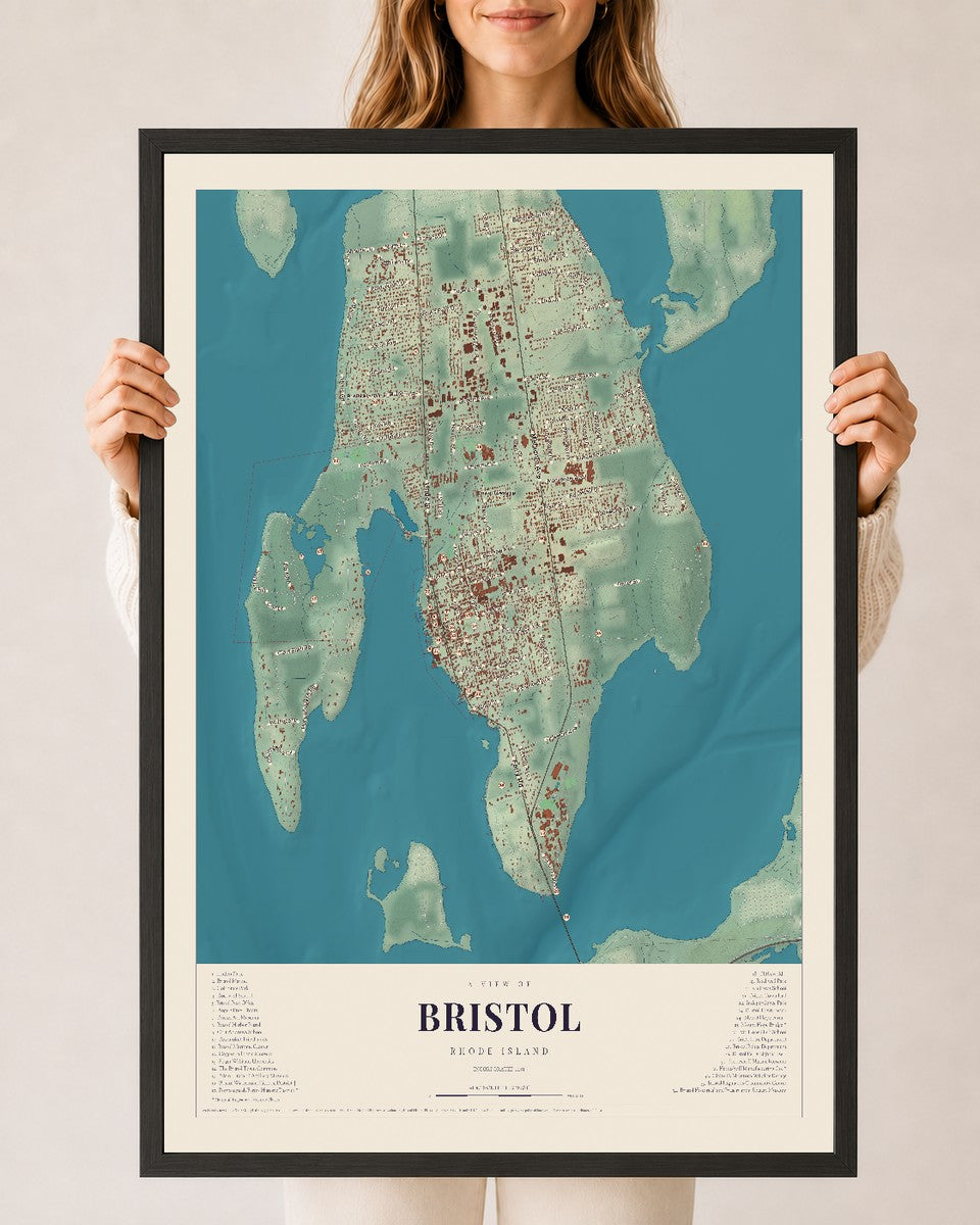 Bristol, Rhode Island map print, 24" x 36" W/ Black Ayous Wood Frame mockup