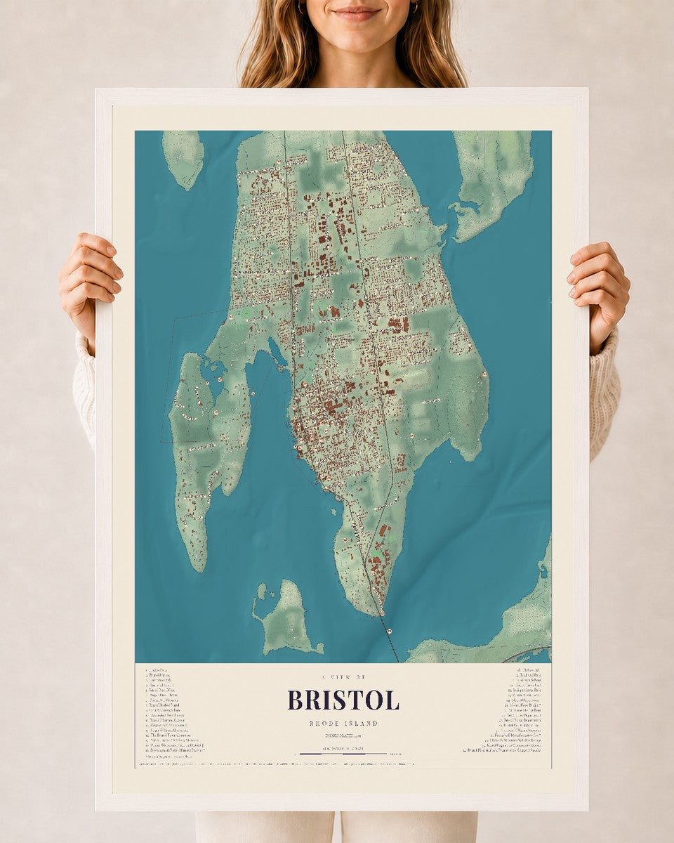 Bristol, Rhode Island map print, 24" x 36" W/ White Ayous Wood Frame mockup