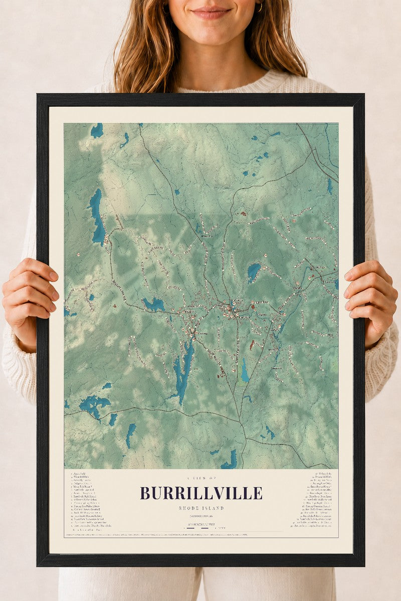 Burrillville, Rhode Island map print, 18" x 24" W/ Black Ayous Wood Frame mockup
