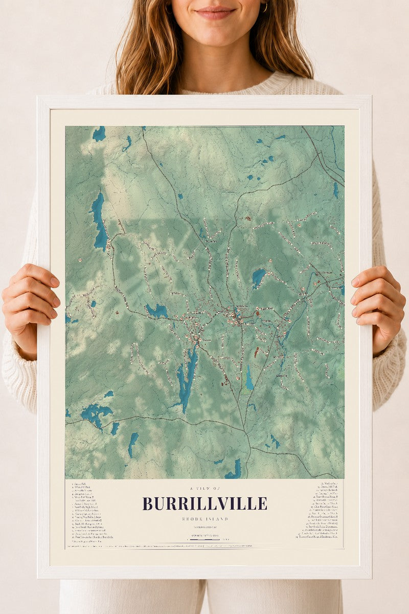 Burrillville, Rhode Island map print, 18" x 24" W/ White Ayous Wood Frame mockup