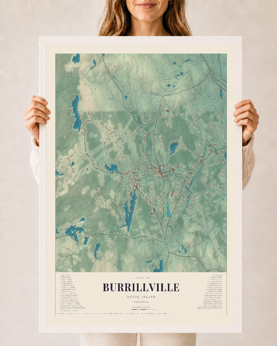 Burrillville, Rhode Island map print, 24" x 36" W/ White Ayous Wood Frame mockup