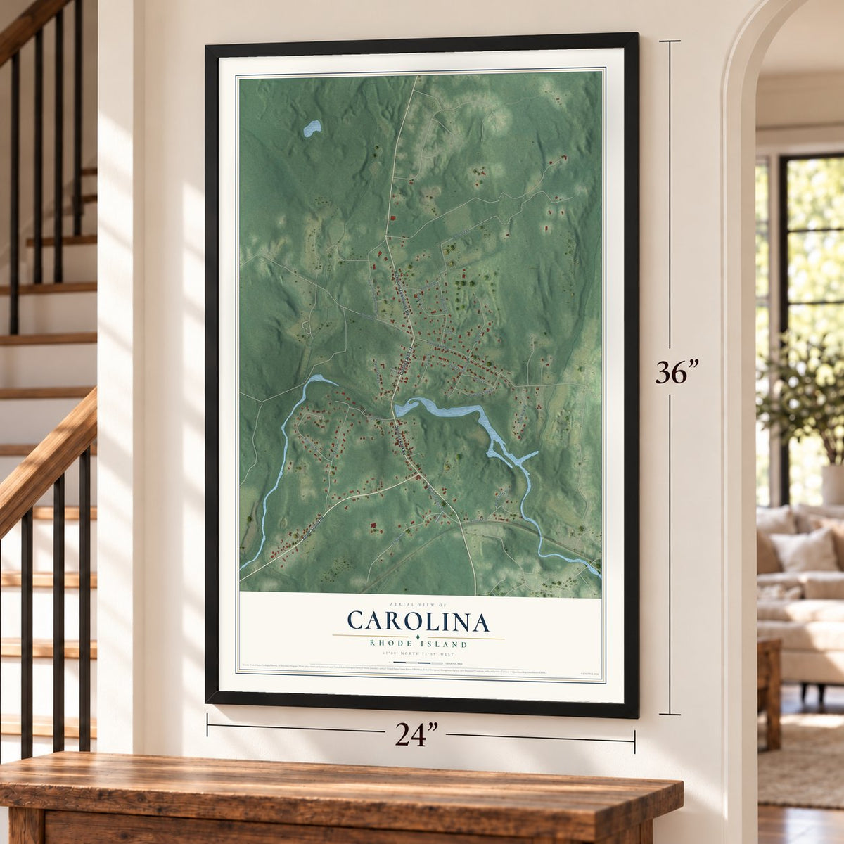 Carolina, Rhode Island map, 24 x 36 inch print in a black frame by a staircase