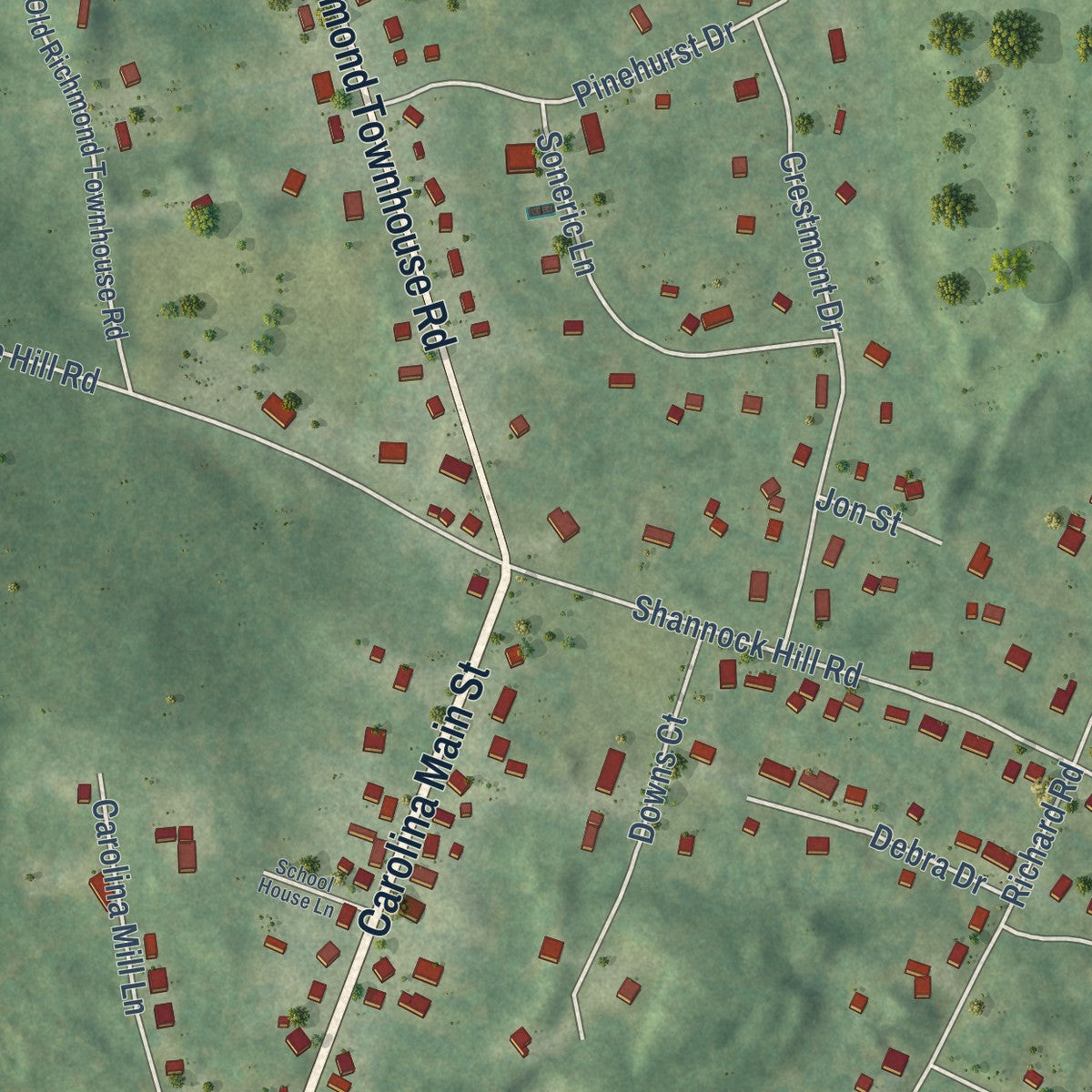 Close-up of the map of Carolina, Rhode Island print showing street and building detail