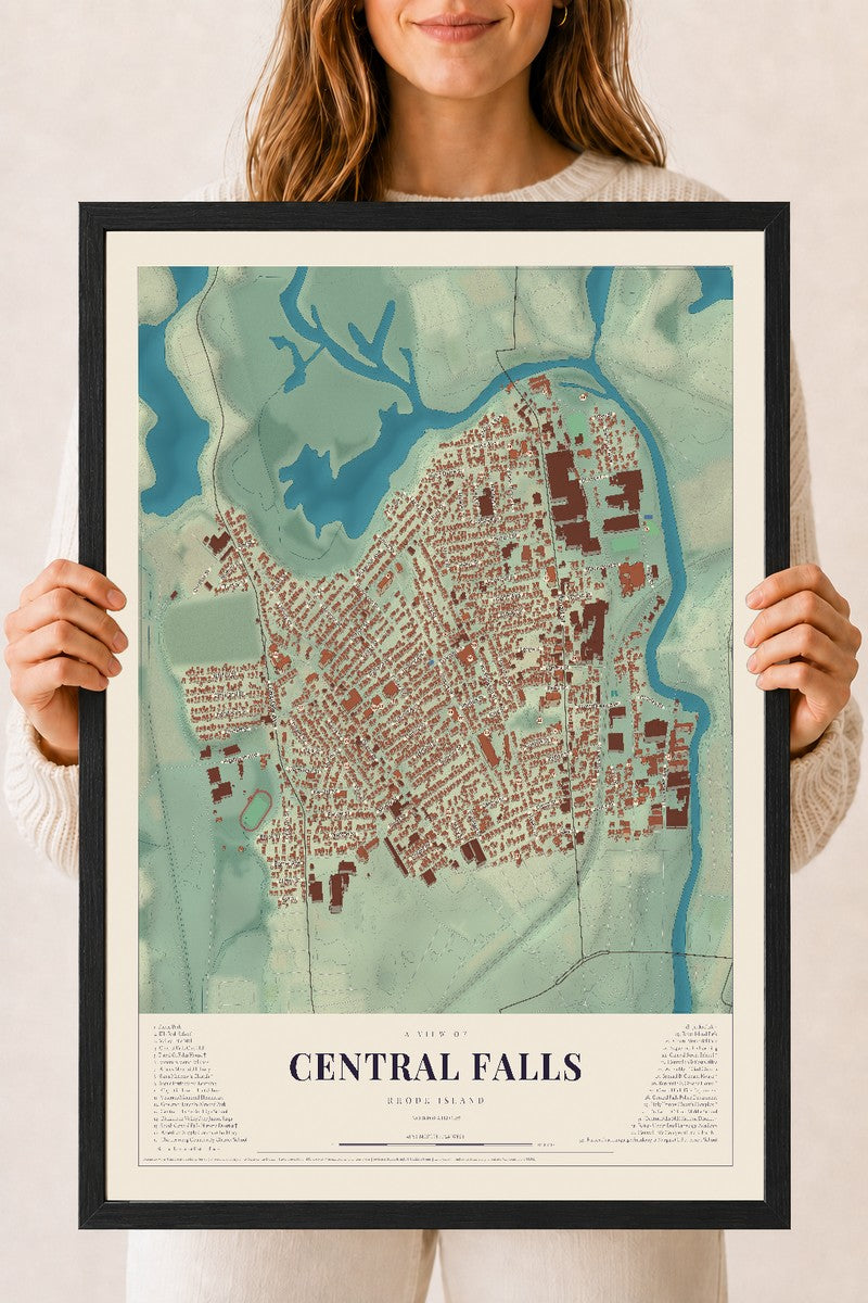 Central Falls, Rhode Island map print, 18" x 24" W/ Black Ayous Wood Frame mockup