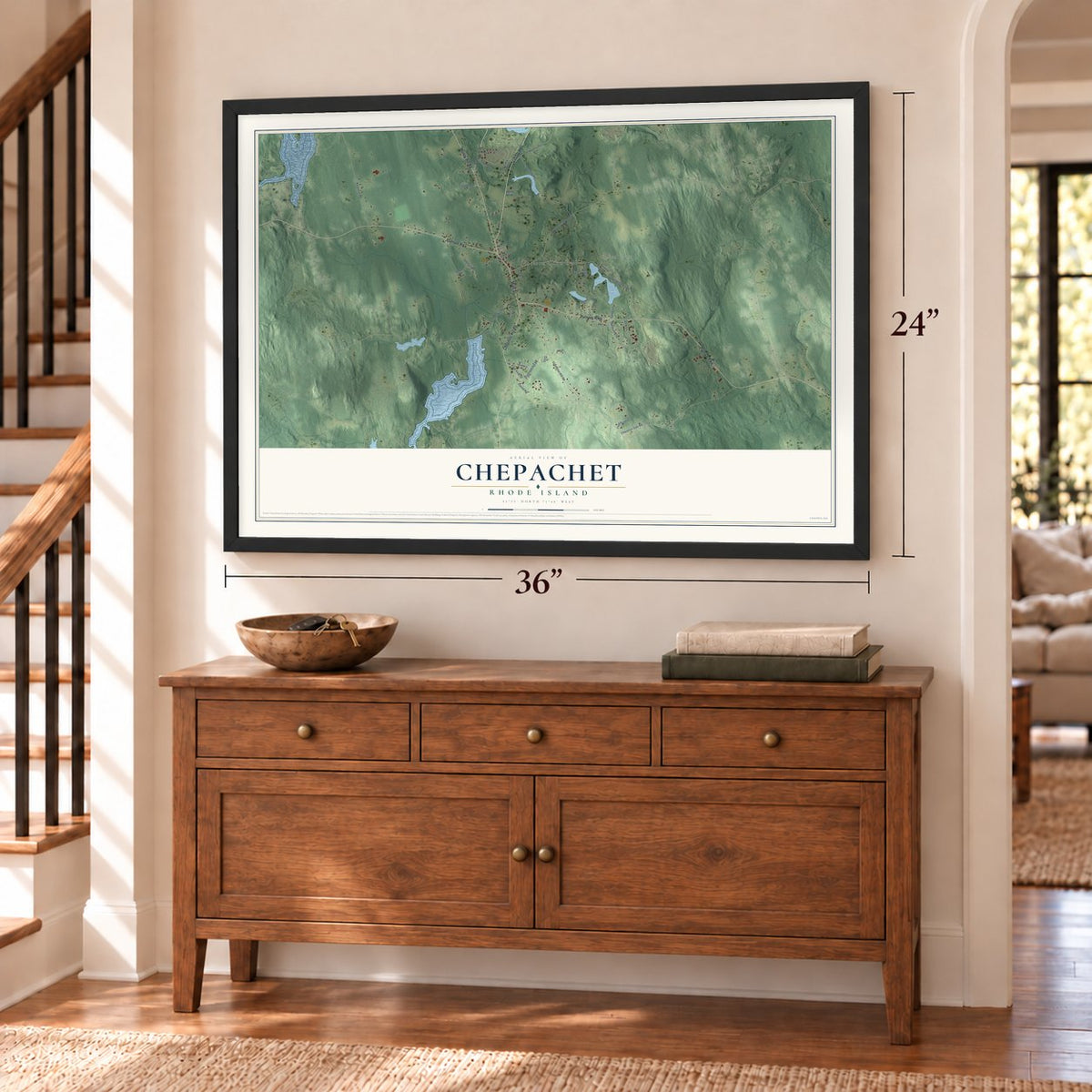 Chepachet, Rhode Island map, 24 x 36 inch print in a black frame above a dresser by a staircase