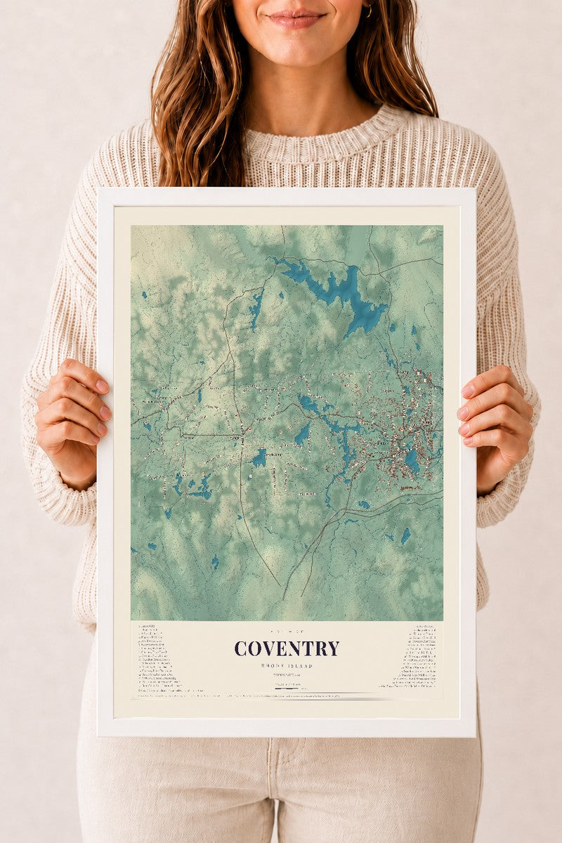 Coventry, Rhode Island map print, 12" x 18" W/ White Ayous Wood Frame mockup