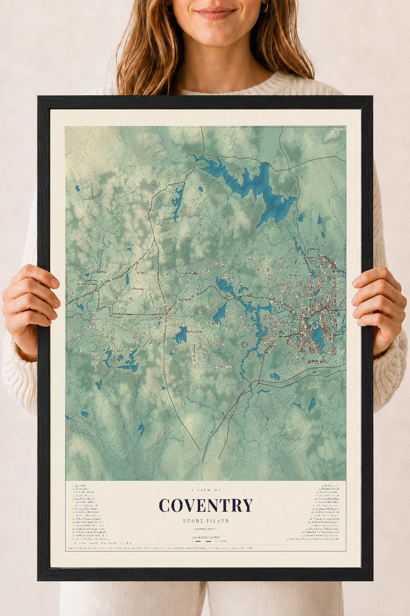 Coventry, Rhode Island map print, 18" x 24" W/ Black Ayous Wood Frame mockup