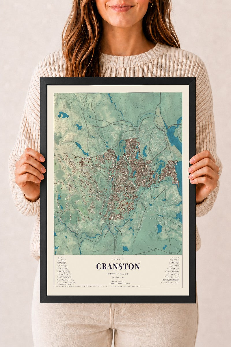 Cranston, Rhode Island map print, 12" x 18" W/ Black Ayous Wood Frame mockup