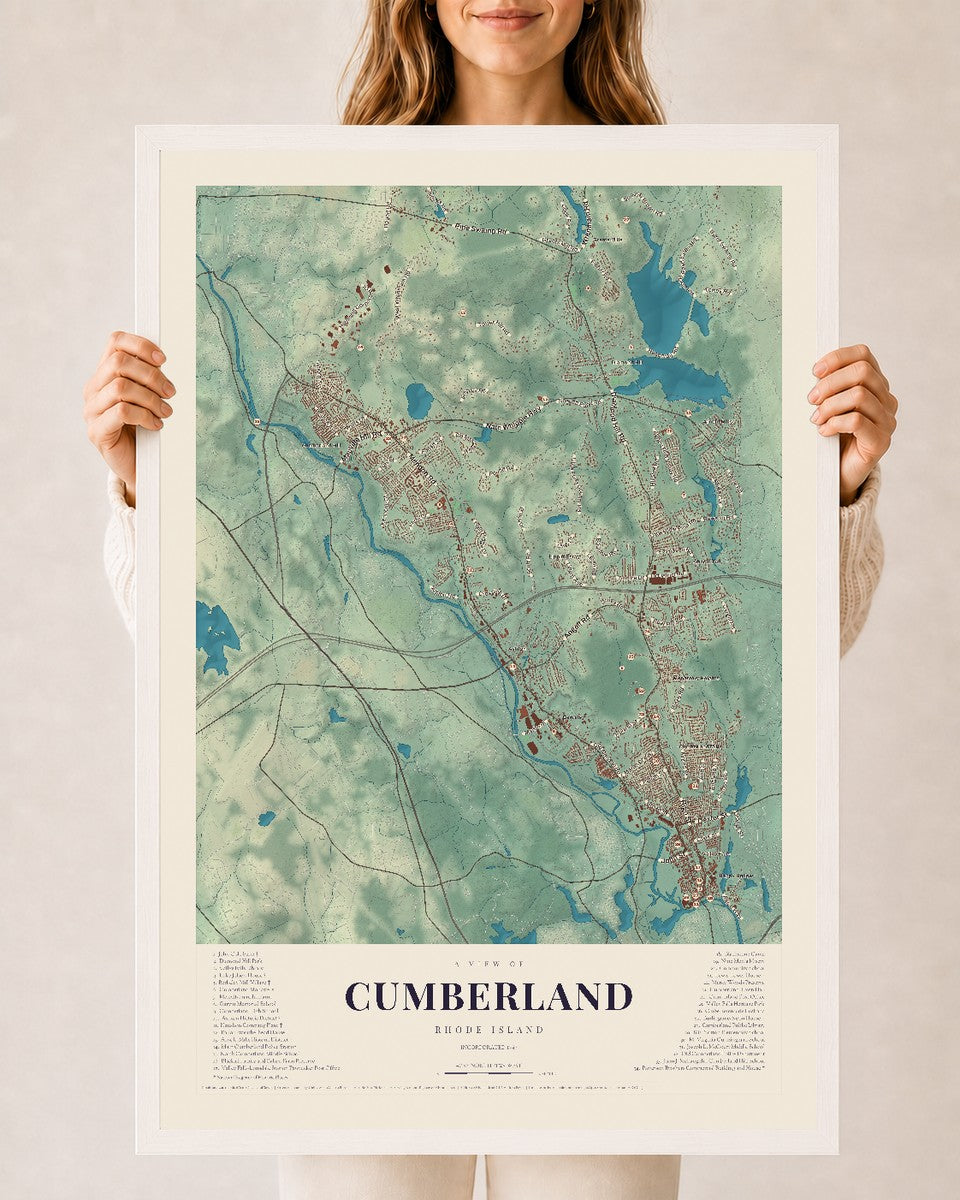 Cumberland, Rhode Island map print, 24" x 36" W/ White Ayous Wood Frame mockup