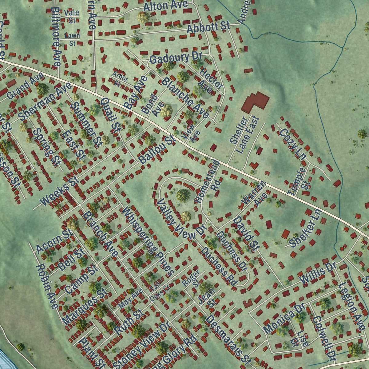 Close-up of the map of Cumberland Hill, Rhode Island print showing street and building detail
