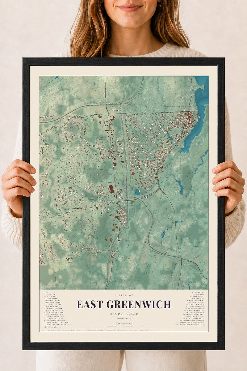 East Greenwich, Rhode Island map print, 18" x 24" W/ Black Ayous Wood Frame mockup