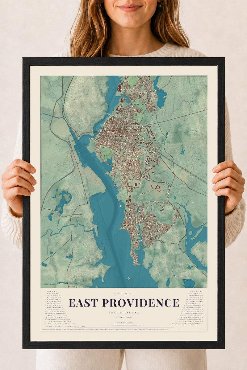 East Providence, Rhode Island map print, 18" x 24" W/ Black Ayous Wood Frame mockup