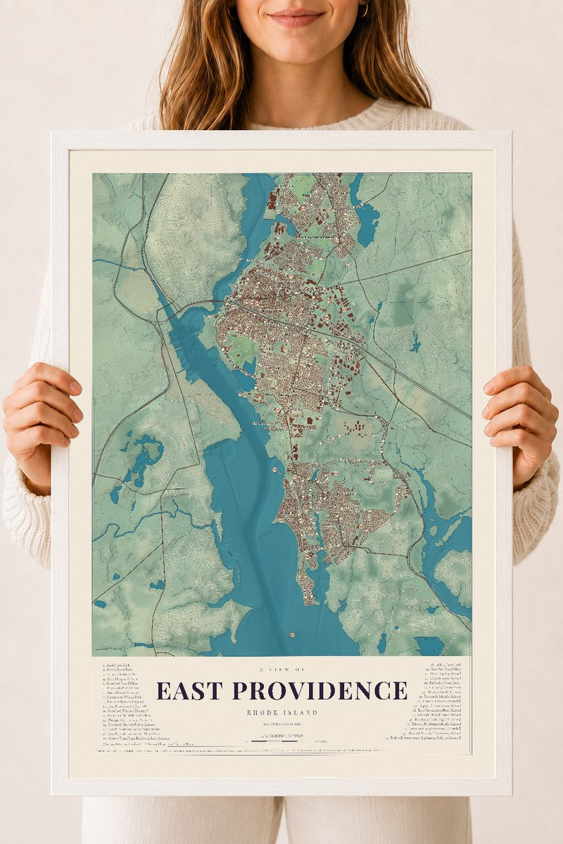 East Providence, Rhode Island map print, 18" x 24" W/ White Ayous Wood Frame mockup