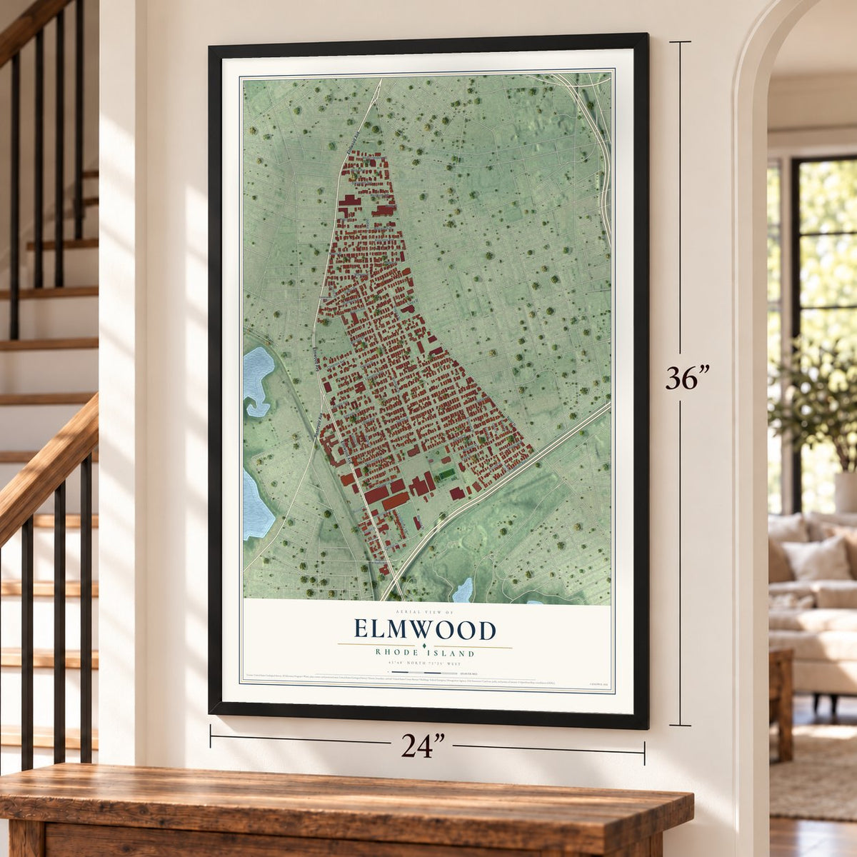 Elmwood, Rhode Island map, 24 x 36 inch print in a black frame by a staircase