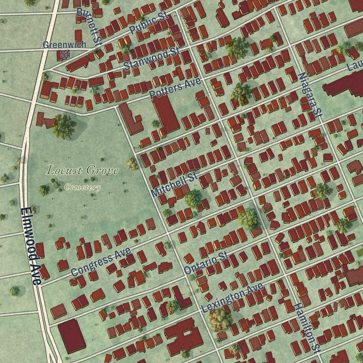 Close-up of the map of Elmwood, Rhode Island print showing street and building detail