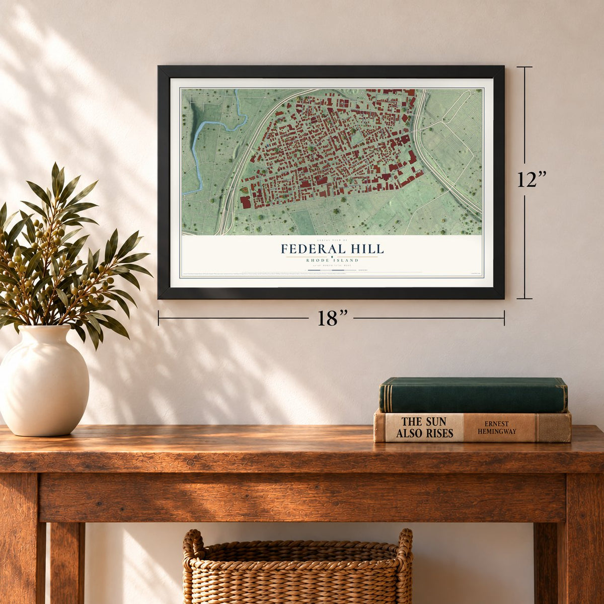 Federal Hill, Rhode Island map, 12 x 18 inch print in a black frame in an entryway