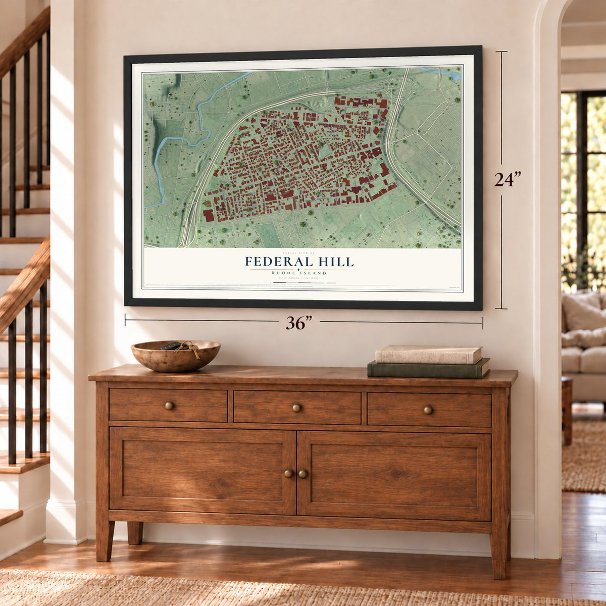 Federal Hill, Rhode Island map, 24 x 36 inch print in a black frame above a dresser by a staircase