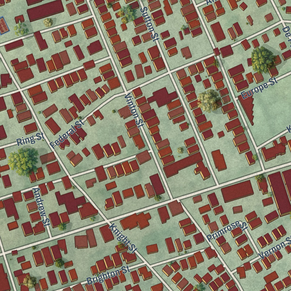 Close-up of the map of Federal Hill, Rhode Island print showing street and building detail