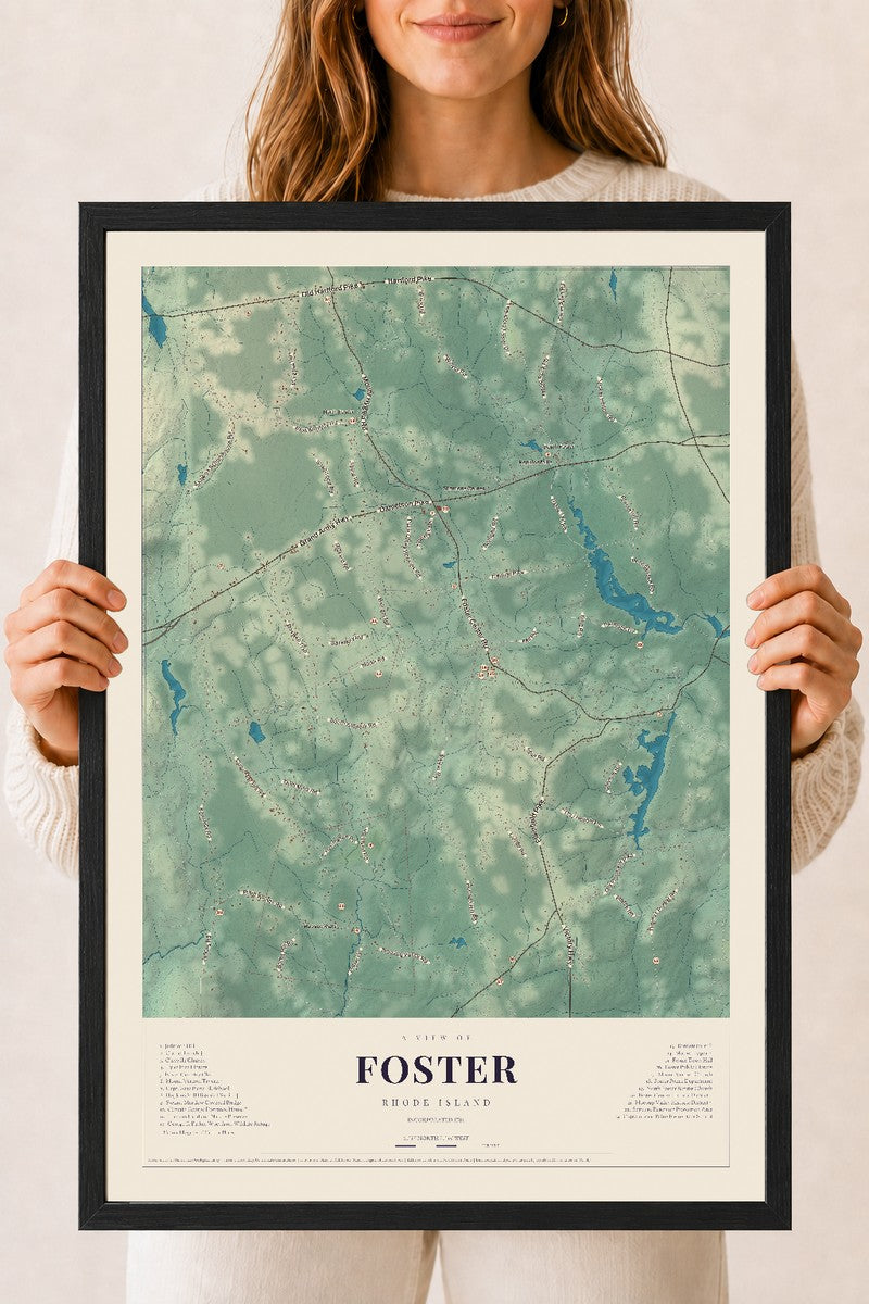 Foster, Rhode Island map print, 18" x 24" W/ Black Ayous Wood Frame mockup