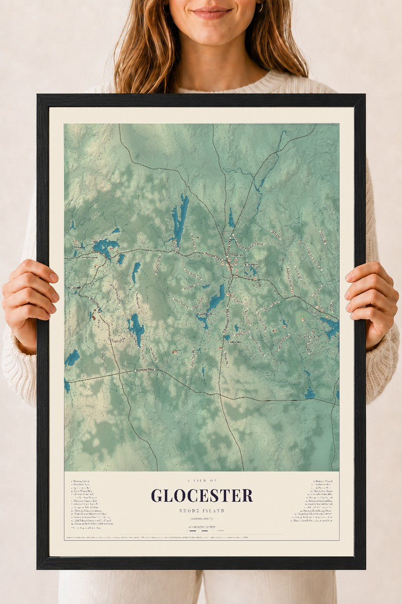 Glocester, Rhode Island map print, 18" x 24" W/ Black Ayous Wood Frame mockup