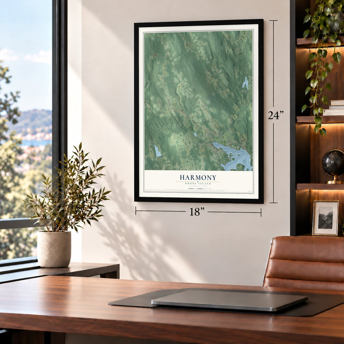 Harmony, Rhode Island map, 18 x 24 inch print in a black frame in a home office