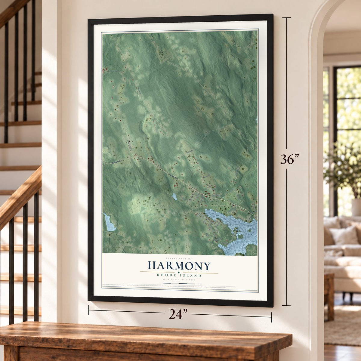 Harmony, Rhode Island map, 24 x 36 inch print in a black frame by a staircase