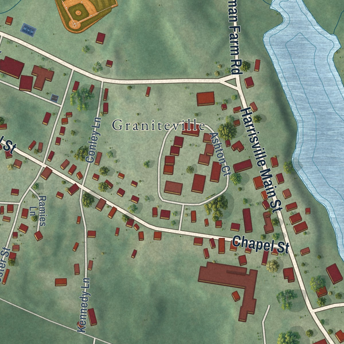 Close-up of the map of Harrisville, Rhode Island print showing street and building detail